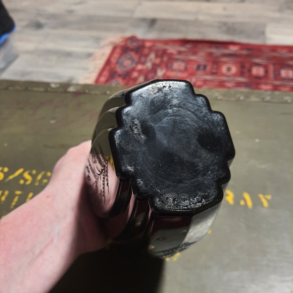 Antique Fostoria Black Ebony Glass Etched Fern Gold Trim Vintage Art Deco Vase - Picture 6 of 12